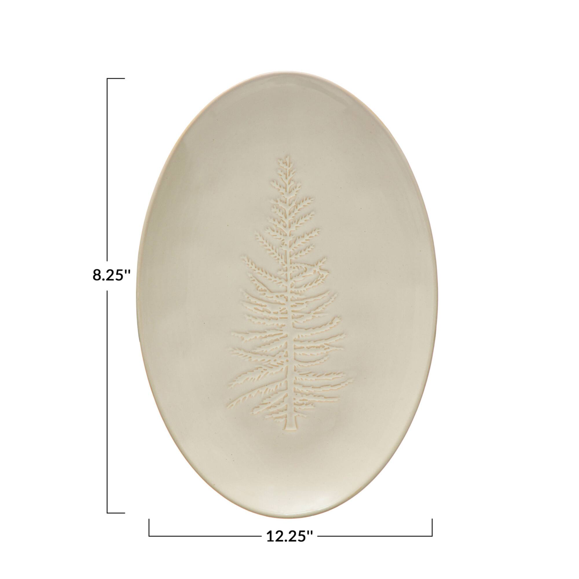 Hello Honey® 12" Wide White Oval Debossed Stoneware Platter with Tree Design